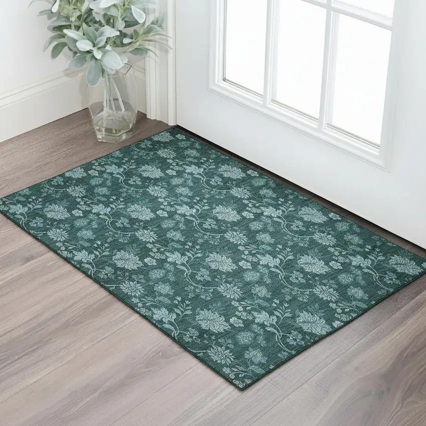 Teal And Ivory Floral Washable Area Rug With UV Protection Photo 1