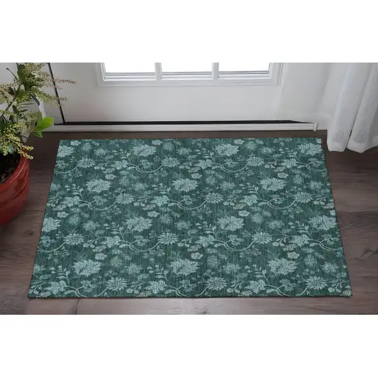 Teal And Ivory Floral Washable Area Rug With UV Protection Photo 2