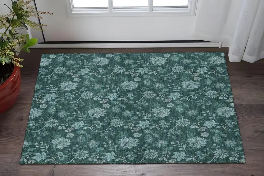Teal And Ivory Floral Washable Area Rug With UV Protection Photo 2
