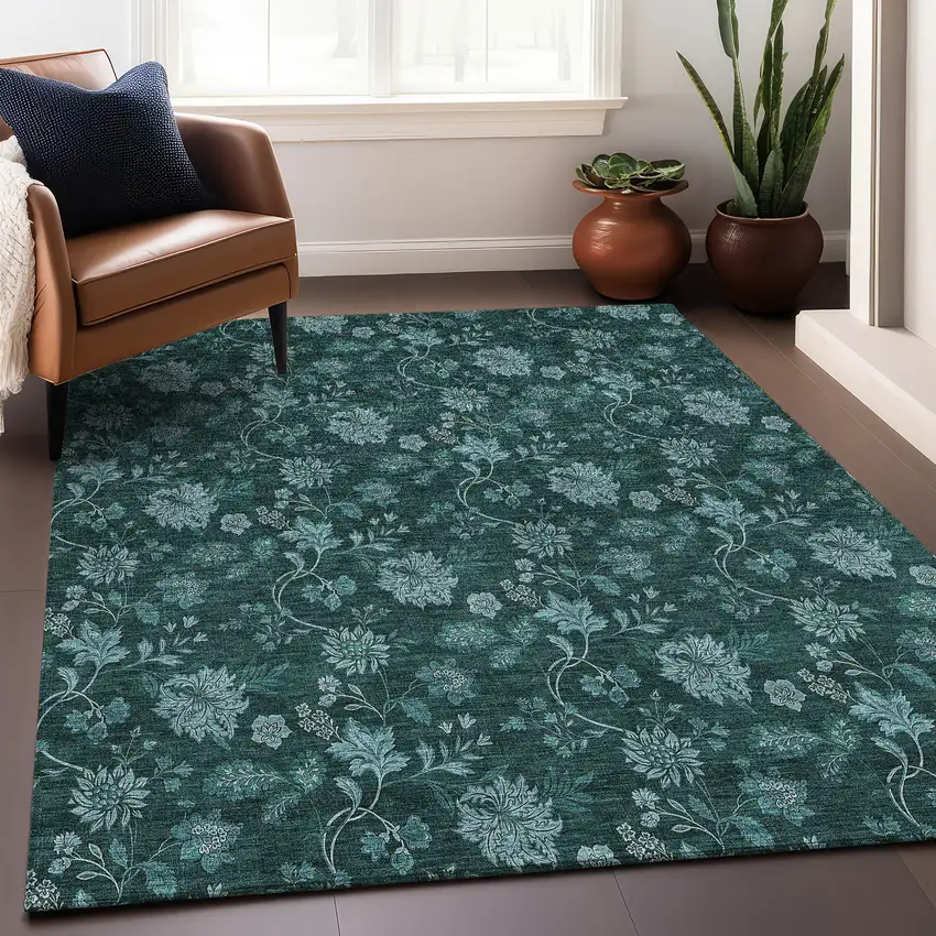 Teal And Ivory Floral Washable Area Rug With UV Protection Photo 4