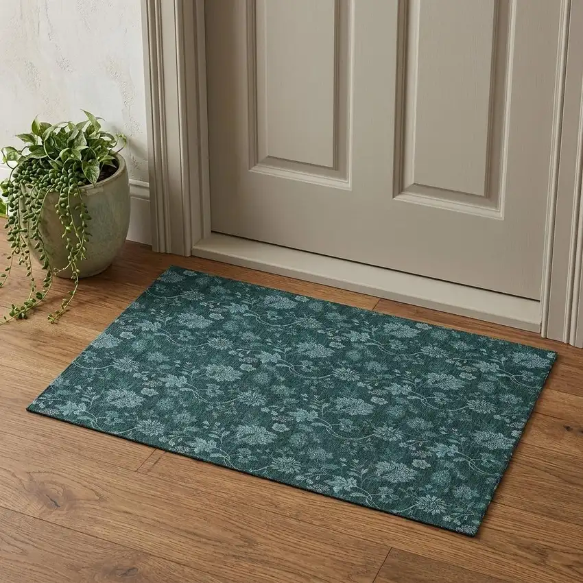 Teal And Ivory Floral Washable Area Rug With UV Protection Photo 1
