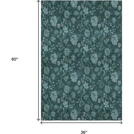 Teal And Ivory Floral Washable Area Rug With UV Protection Photo 5