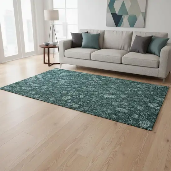 Teal And Ivory Floral Washable Area Rug With UV Protection Photo 1