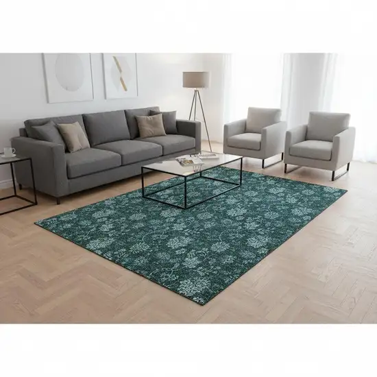 Teal And Ivory Floral Washable Area Rug With UV Protection Photo 3