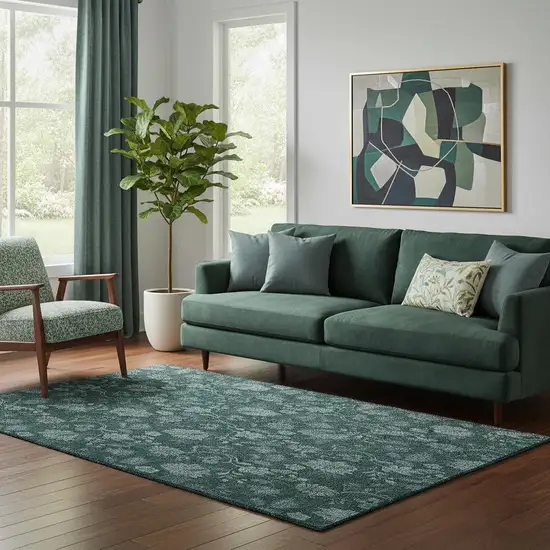 Teal And Ivory Floral Washable Area Rug With UV Protection Photo 6