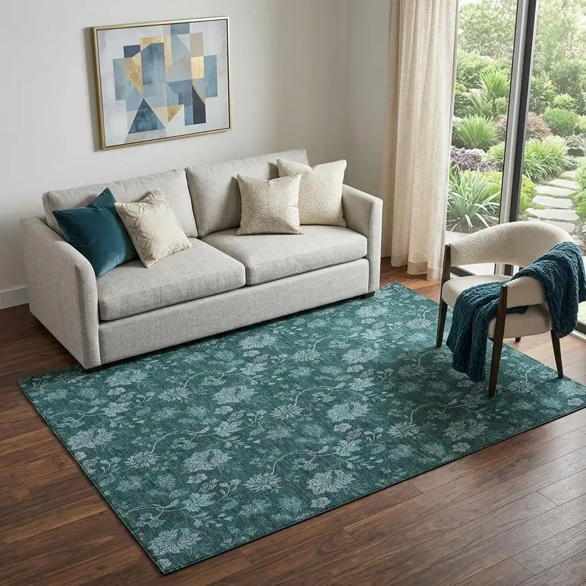 Teal And Ivory Floral Washable Area Rug With UV Protection Photo 1