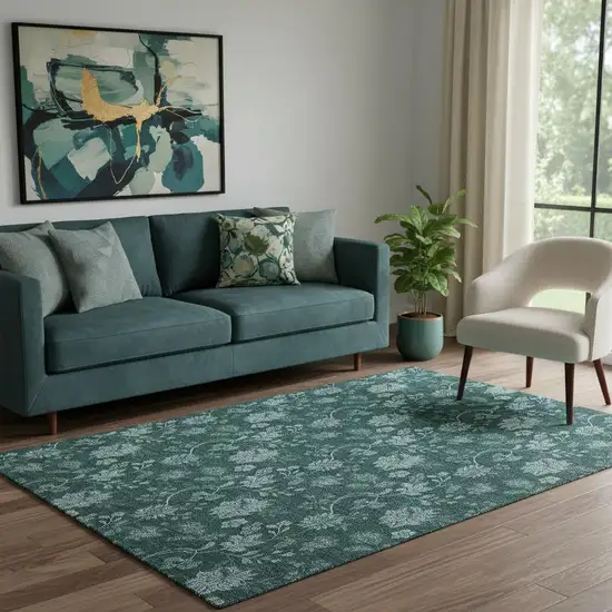 Teal And Ivory Floral Washable Area Rug With UV Protection Photo 1