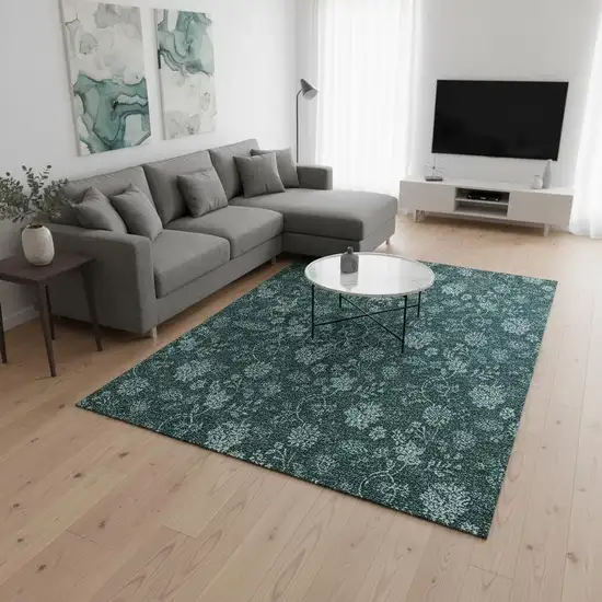 Teal And Ivory Floral Washable Area Rug With UV Protection Photo 1