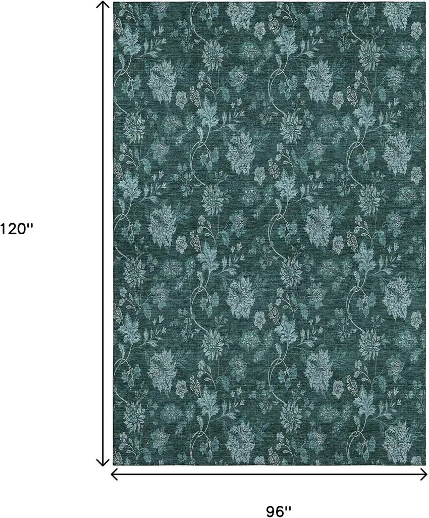 Teal And Ivory Floral Washable Area Rug With UV Protection Photo 4