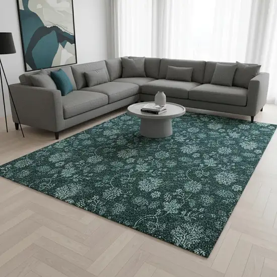 Teal And Ivory Floral Washable Area Rug With UV Protection Photo 3