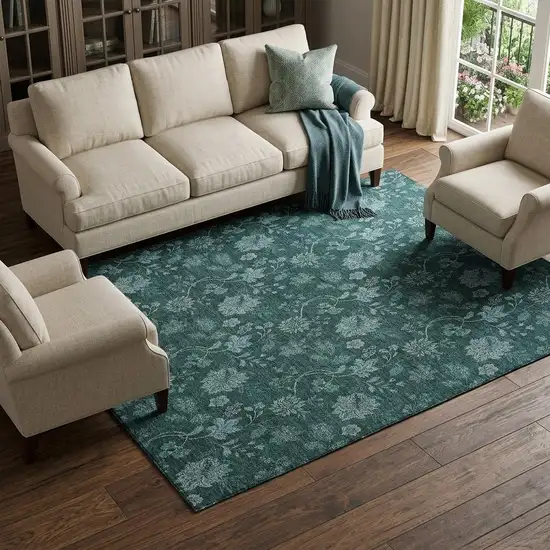 Teal And Ivory Floral Washable Area Rug With UV Protection Photo 1