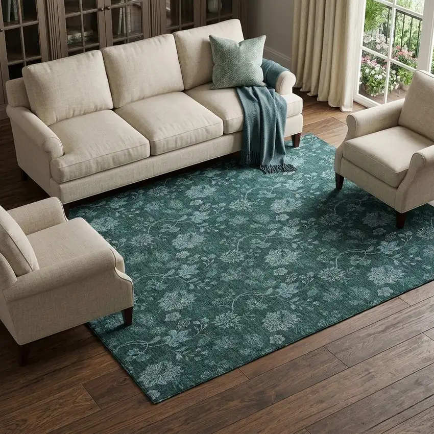 Teal And Ivory Floral Washable Area Rug With UV Protection Photo 1
