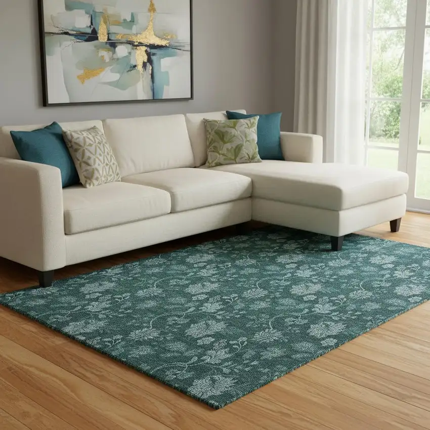 Teal And Ivory Floral Washable Area Rug With UV Protection Photo 1