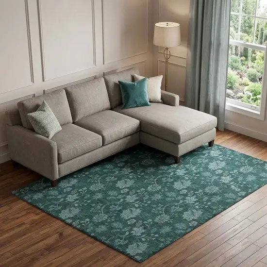 Teal And Ivory Floral Washable Area Rug With UV Protection Photo 1