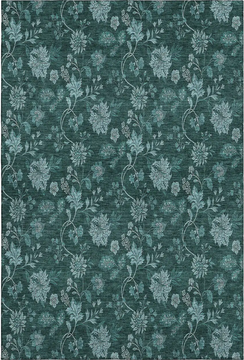 Teal And Ivory Floral Washable Area Rug With UV Protection Photo 2