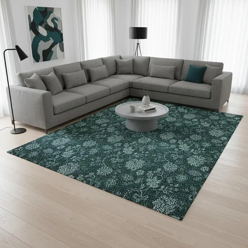 Teal And Ivory Floral Washable Area Rug With UV Protection Photo 3