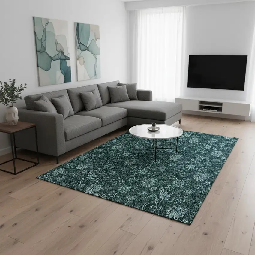 Teal And Ivory Floral Washable Area Rug With UV Protection Photo 1