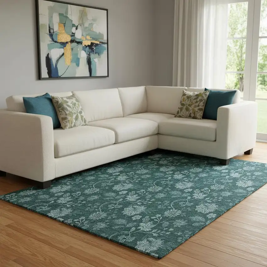 Teal And Ivory Floral Washable Area Rug With UV Protection Photo 1