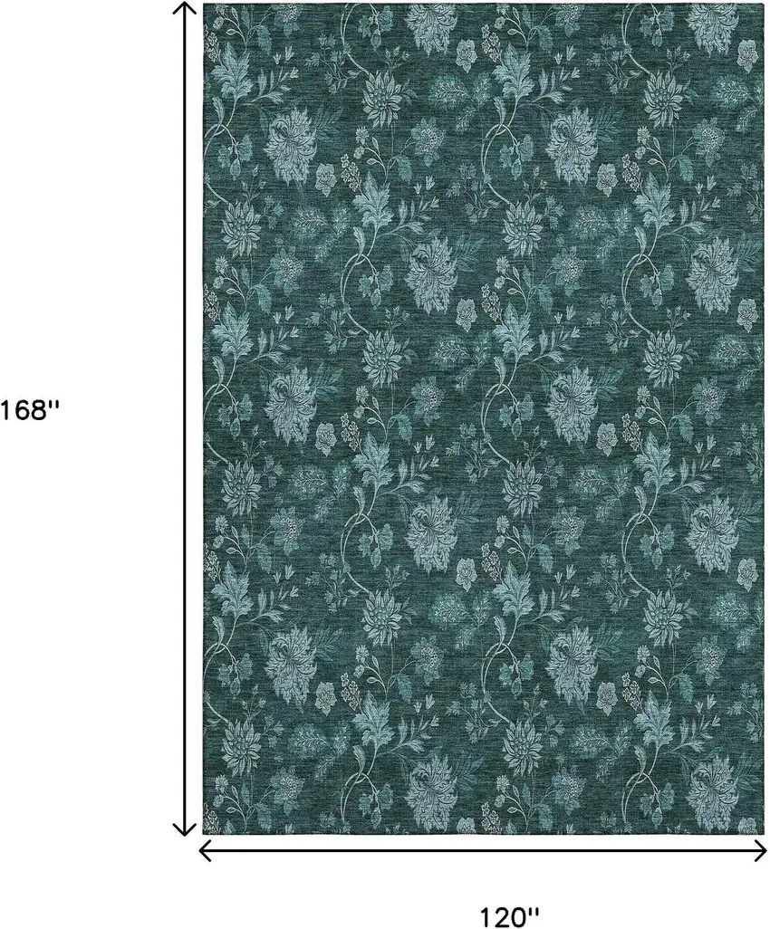 Teal And Ivory Floral Washable Area Rug With UV Protection Photo 6