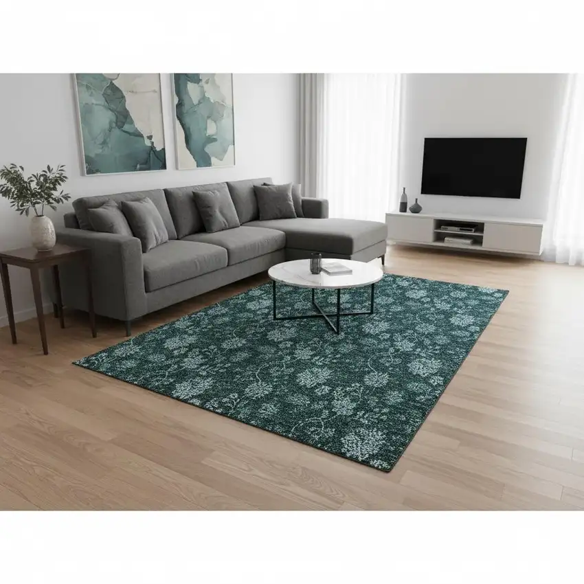 Teal And Ivory Floral Washable Area Rug With UV Protection Photo 2