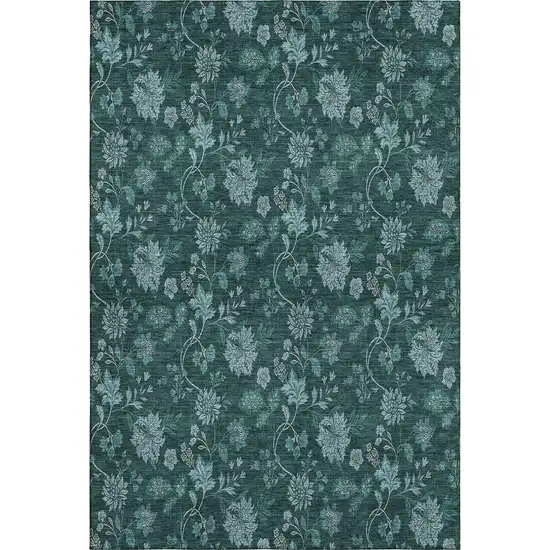 Teal And Ivory Floral Washable Area Rug With UV Protection Photo 1