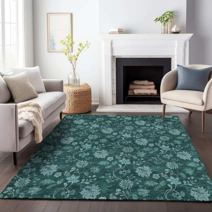 Teal And Ivory Floral Washable Area Rug With UV Protection Photo 5