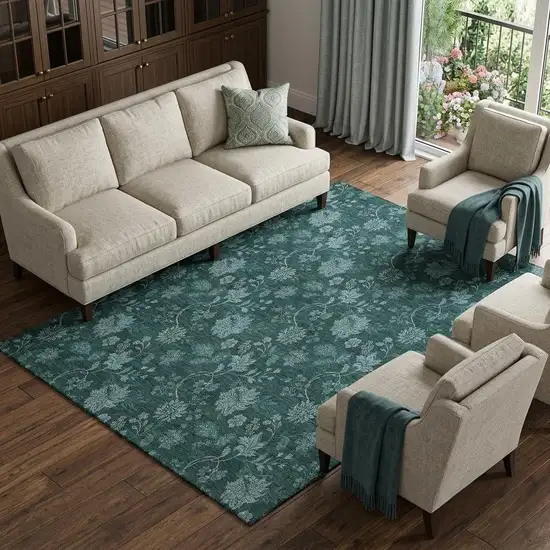 Teal And Ivory Floral Washable Area Rug With UV Protection Photo 1