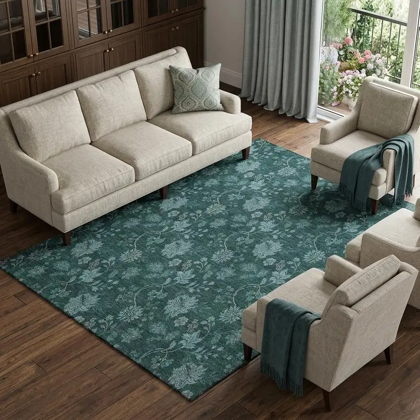 Teal And Ivory Floral Washable Area Rug With UV Protection Photo 1