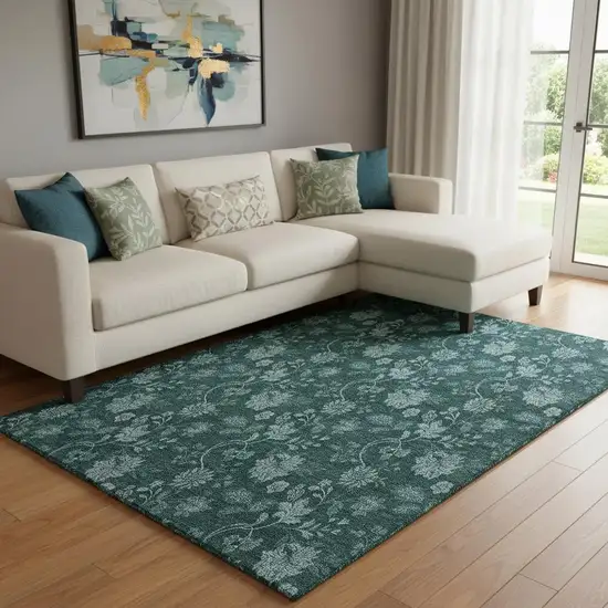 Teal And Ivory Floral Washable Area Rug With UV Protection Photo 1