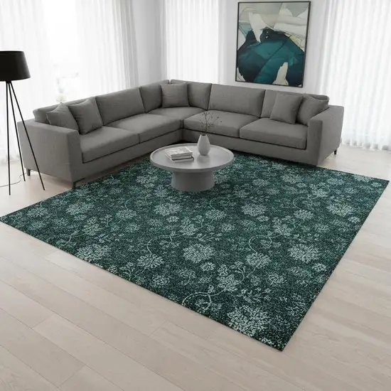Teal And Ivory Floral Washable Area Rug With UV Protection Photo 3