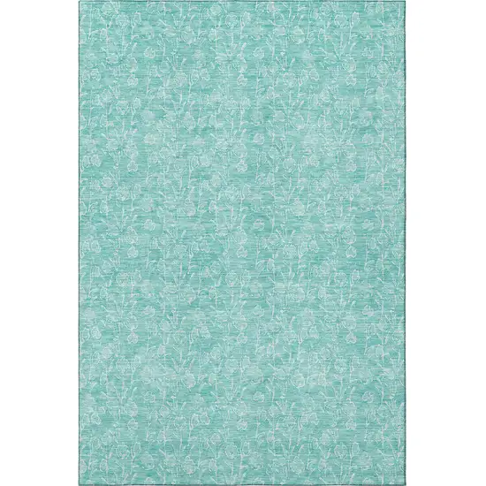 Teal And Ivory Floral Washable Area Rug With UV Protection Photo 2