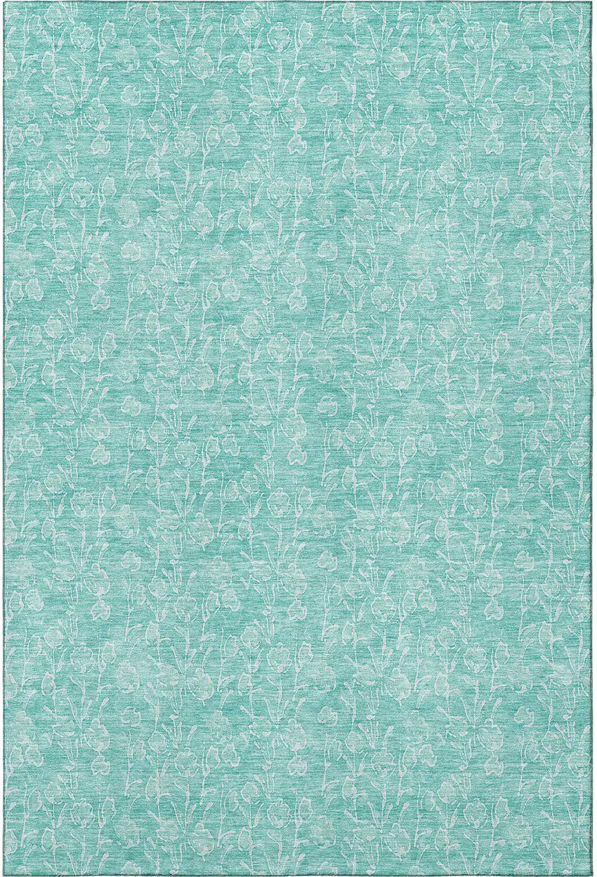 Teal And Ivory Floral Washable Area Rug With UV Protection Photo 2