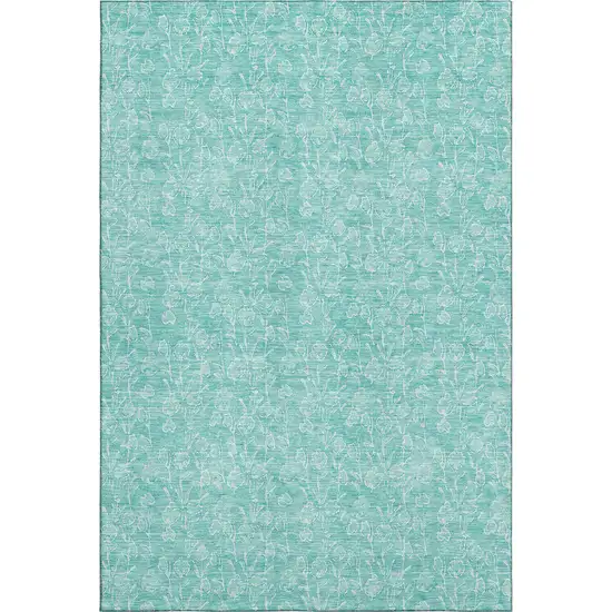 Teal And Ivory Floral Washable Area Rug With UV Protection Photo 1