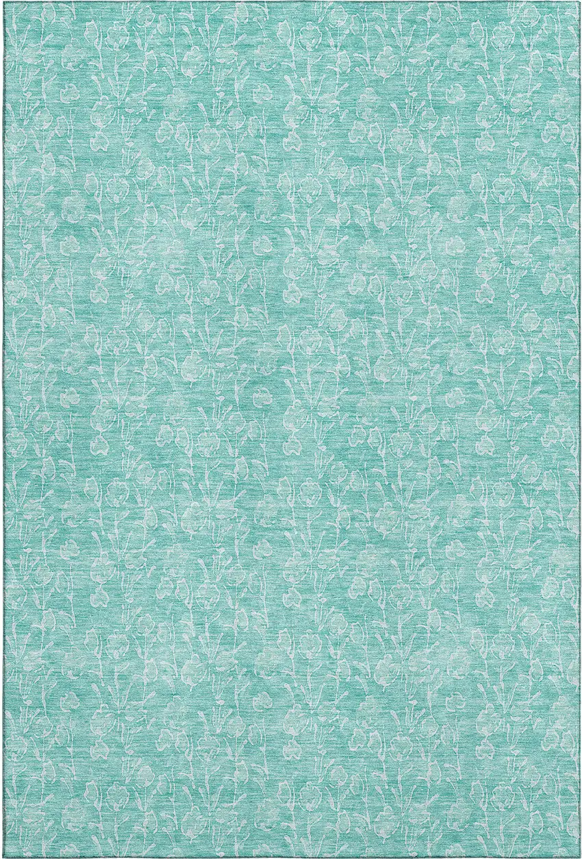 Teal And Ivory Floral Washable Area Rug With UV Protection Photo 1