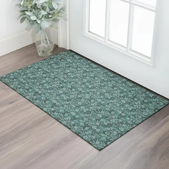 Teal And Ivory Floral Washable Area Rug With UV Protection Photo 1
