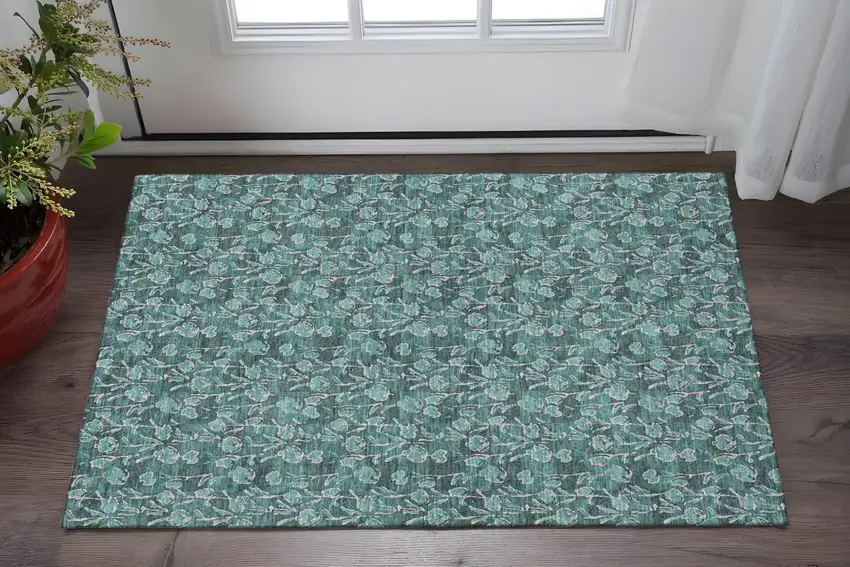 Teal And Ivory Floral Washable Area Rug With UV Protection Photo 2