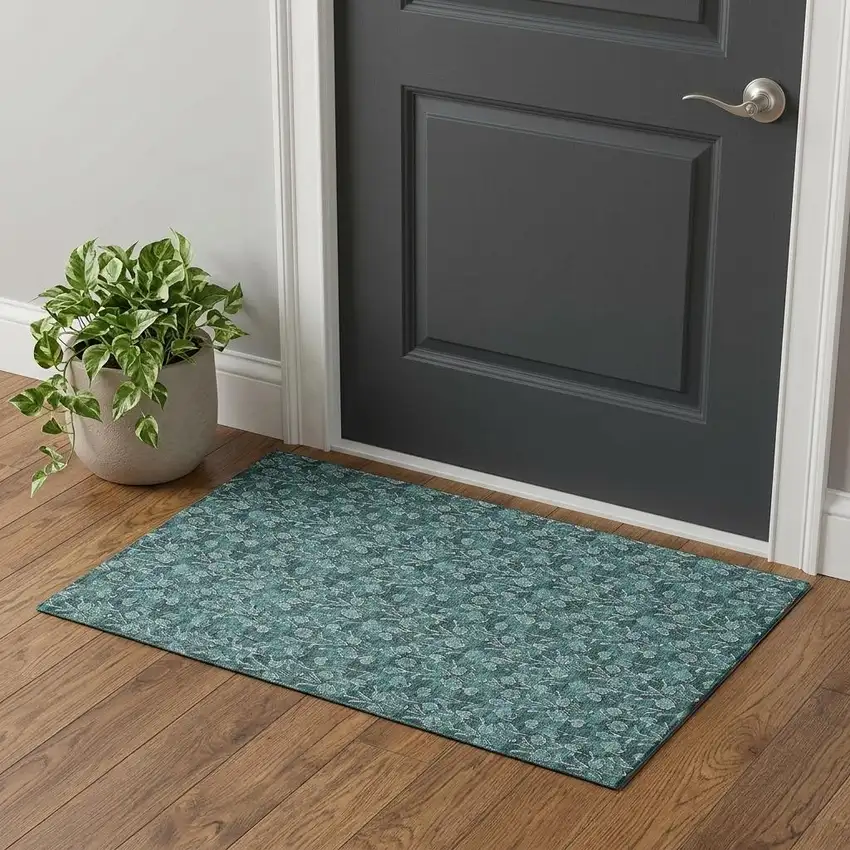 Teal And Ivory Floral Washable Area Rug With UV Protection Photo 1