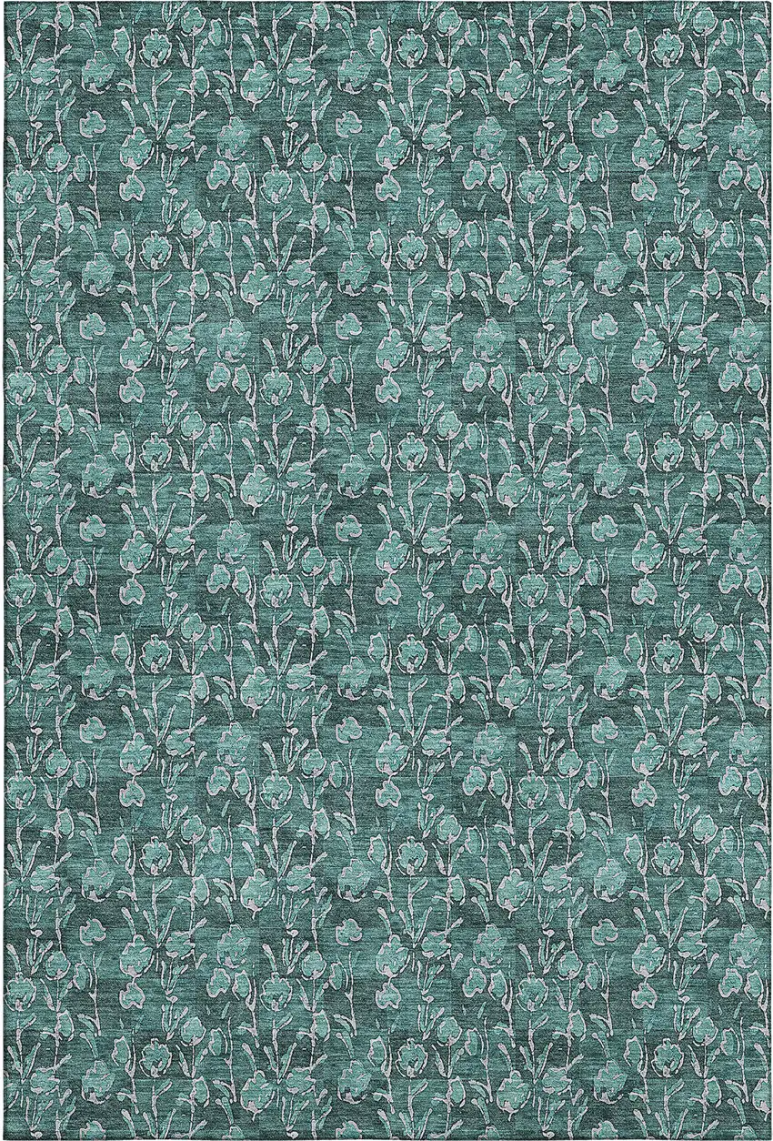 Teal And Ivory Floral Washable Area Rug With UV Protection Photo 1
