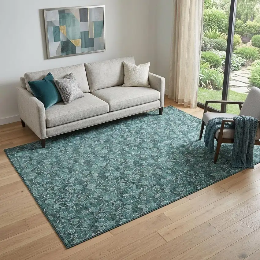 Teal And Ivory Floral Washable Area Rug With UV Protection Photo 1