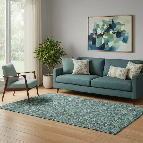 Teal And Ivory Floral Washable Area Rug With UV Protection Photo 1