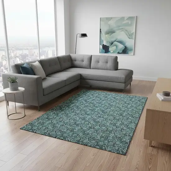 Teal And Ivory Floral Washable Area Rug With UV Protection Photo 3