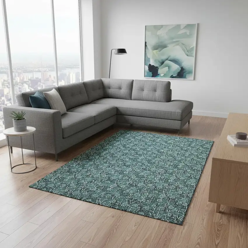 Teal And Ivory Floral Washable Area Rug With UV Protection Photo 3