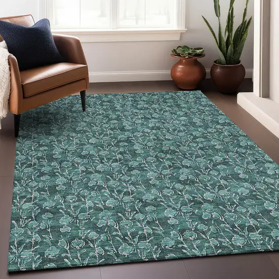 Teal And Ivory Floral Washable Area Rug With UV Protection Photo 5