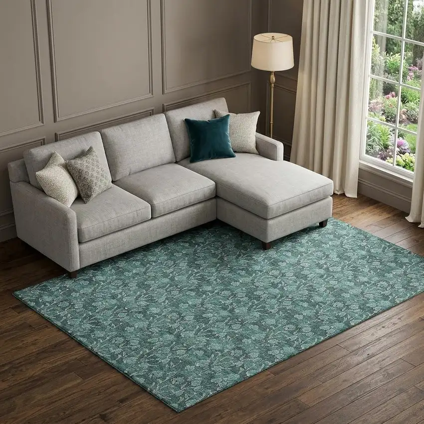 Teal And Ivory Floral Washable Area Rug With UV Protection Photo 1