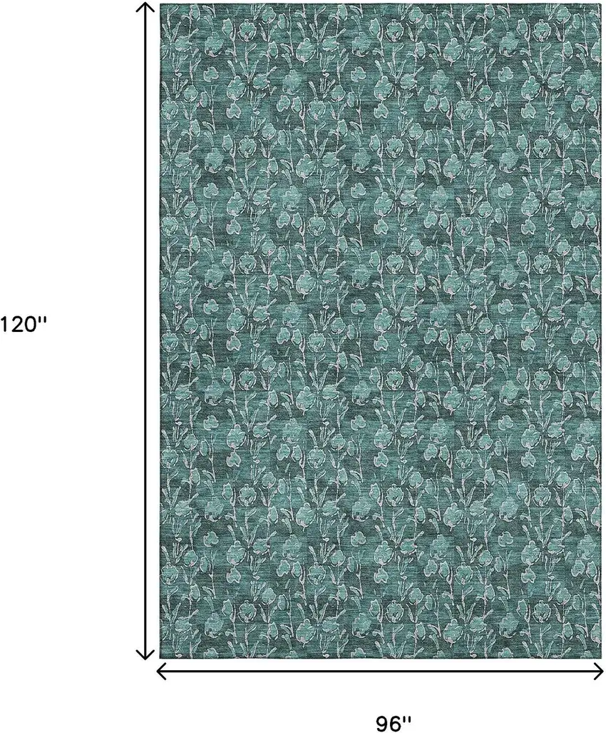 Teal And Ivory Floral Washable Area Rug With UV Protection Photo 4