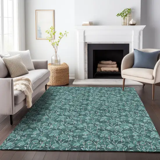 Teal And Ivory Floral Washable Area Rug With UV Protection Photo 6