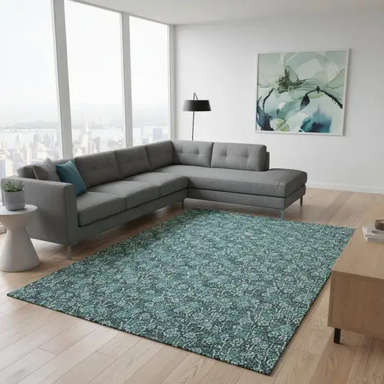 Teal And Ivory Floral Washable Area Rug With UV Protection Photo 1