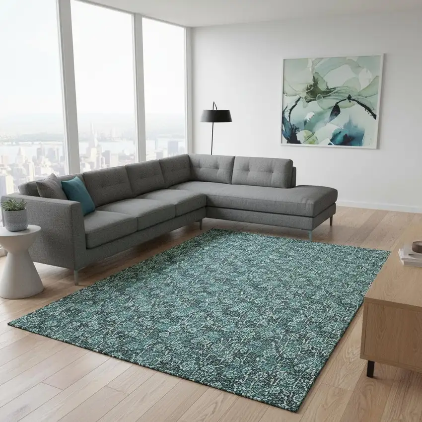 Teal And Ivory Floral Washable Area Rug With UV Protection Photo 1