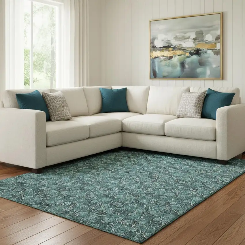 Teal And Ivory Floral Washable Area Rug With UV Protection Photo 1
