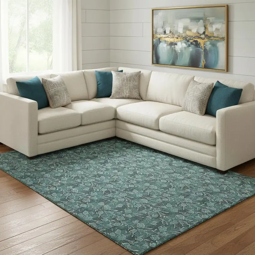 Teal And Ivory Floral Washable Area Rug With UV Protection Photo 1